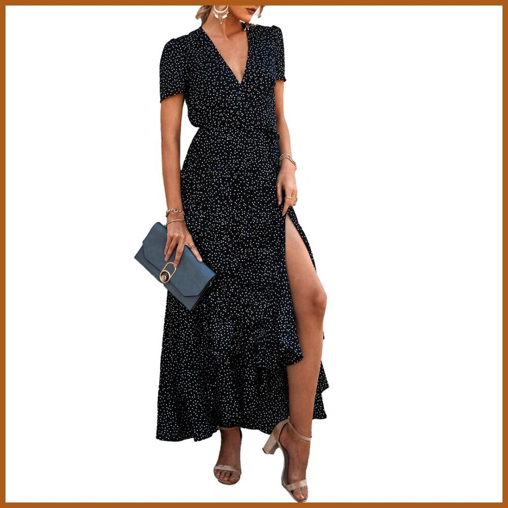 Polyester Spandex Maxi Dress Wrap V Neck Short Sleeve Flowy Beach